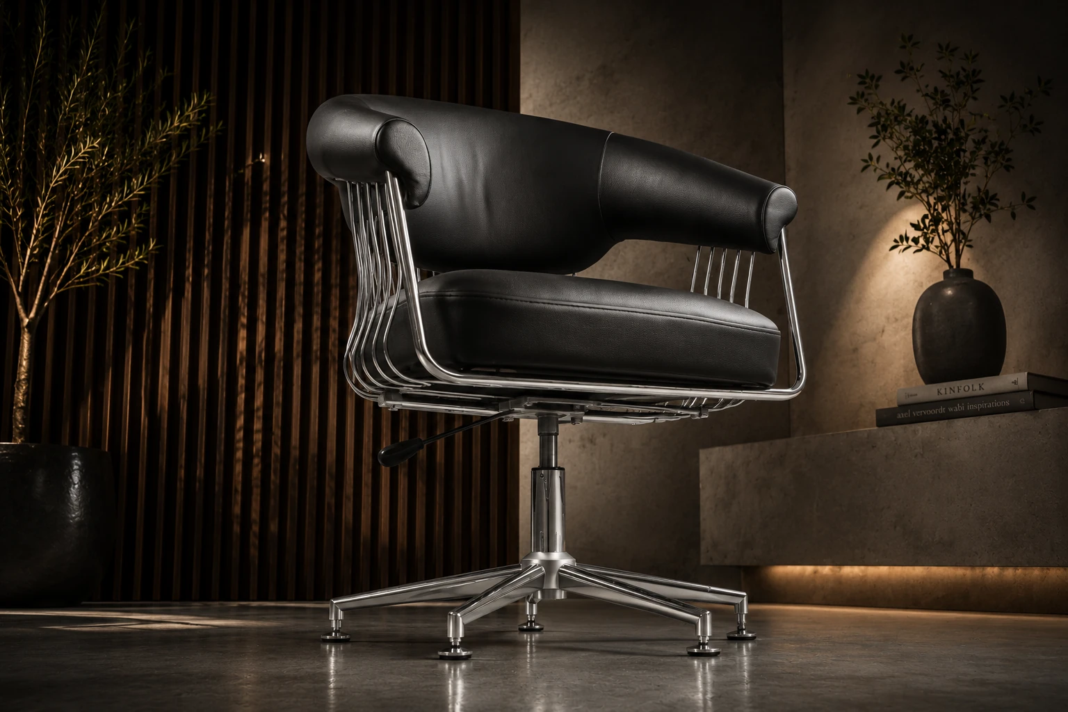 FERR CONCEPT silver metal iskeletli siyah döşemeli döner lounge koltuk